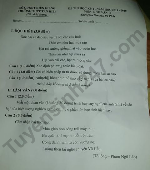 De thi ki 1 lop 10 mon Van THPT Tan Hiep 2019 - 2020