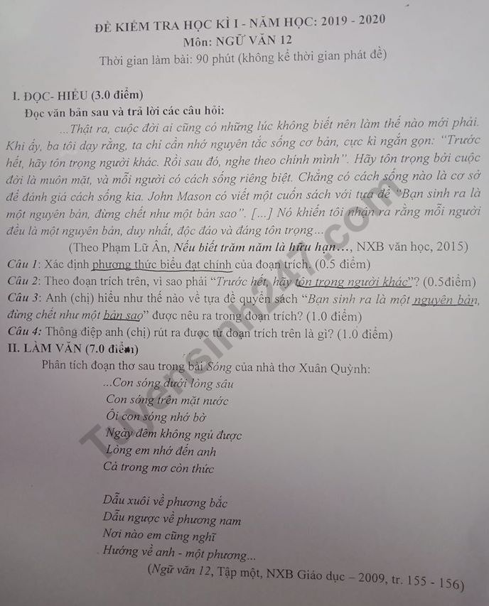De thi ki 1 lop 12 mon Van THPT Nguyen Huu Tho 2019 - 2020