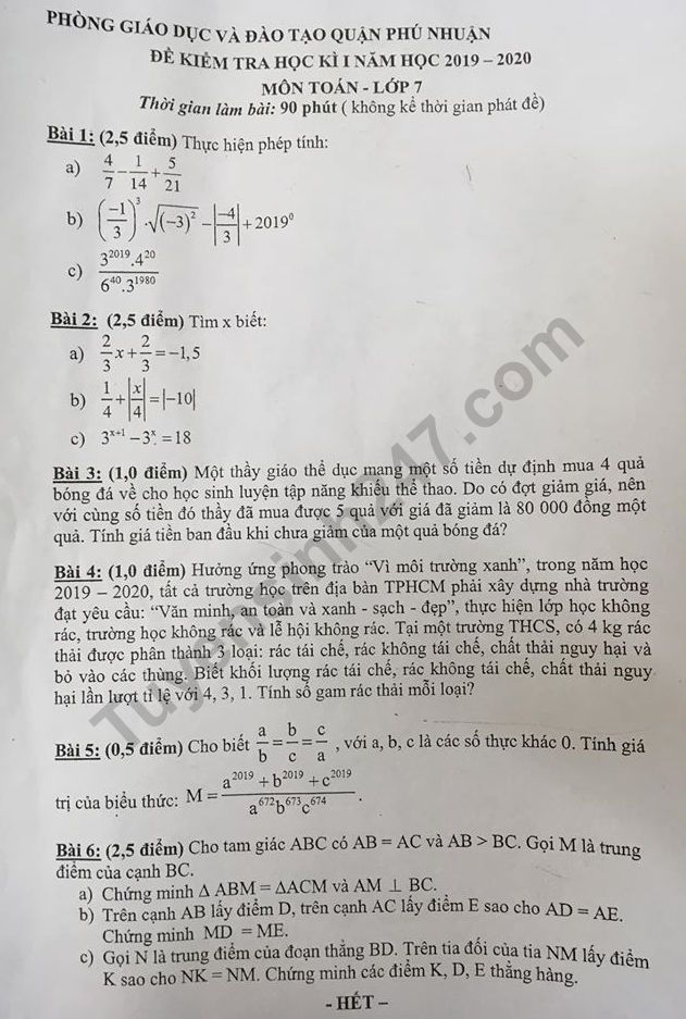 De thi ki 1 mon Toan lop 7 Quan Phu Nhuan 2019 - 2020