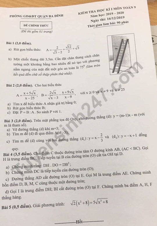 De thi ki 1 lop 9 mon Toan Quan Ba Dinh 2019 - 2020 co dap an