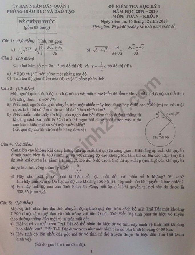 De thi ki 1 lop 9 mon Toan nam 2019 - 2020 Quan 1