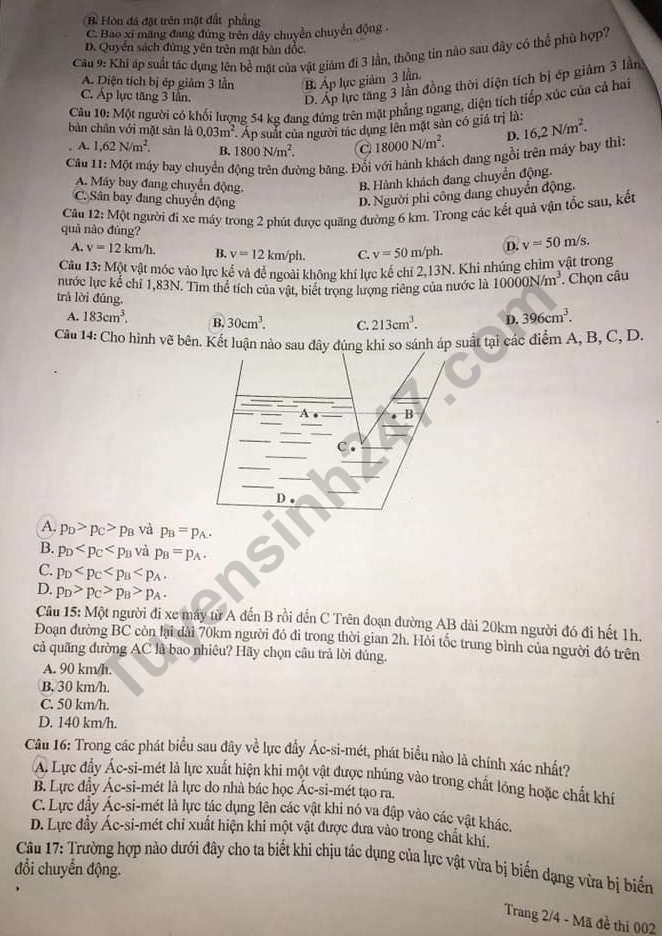 De thi mon Ly lop 8 hoc ki 1 THCS Ha Huy Tap nam 2019