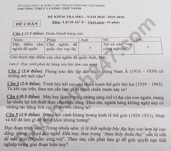 De thi cuoi ki 1 lop 8 mon Su - THCS Luong The Vinh nam 2019