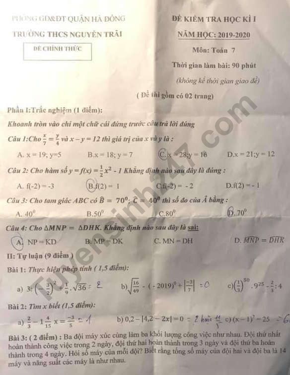 De thi mon Toan lop 7 ki 1 - THCS Nguyen Trai nam 2019