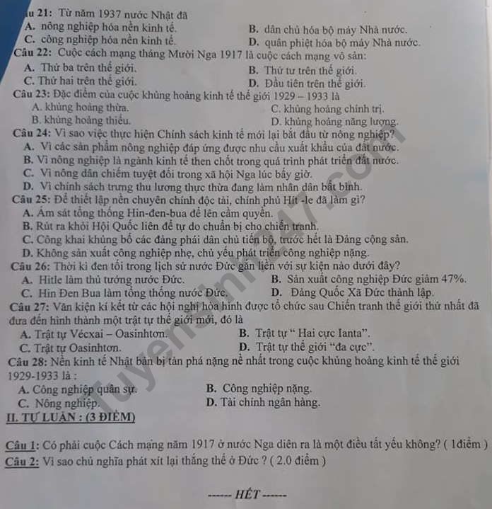 De thi mon Su lop 11 ki 1 - THPT Vinh Thang  nam 2019