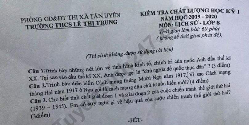 De thi ki 1 mon Su lop 8 THCS Le Thi Trung nam 2019