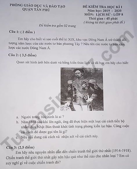 De thi mon Su lop 8 cuoi ki 1 Phong GD&DT Tan Phu nam 2019