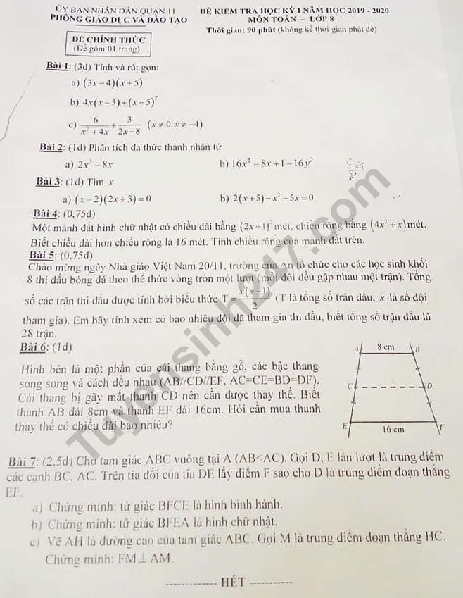 De thi ki 1 Toan lop 8 Phong GD&DT Quan 11 nam 2019