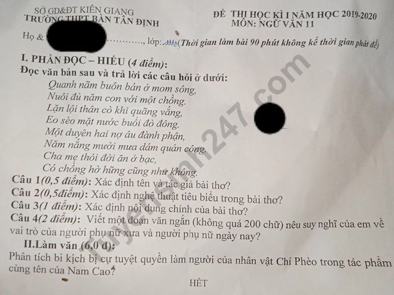 De thi cuoi ki 1 mon Van lop 11 THPT Ban Tan Dinh nam 2019