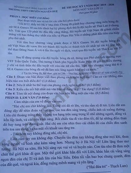 De thi ki 1 mon Van lop 11 THPT Chuyen Nguyen Hue nam 2019