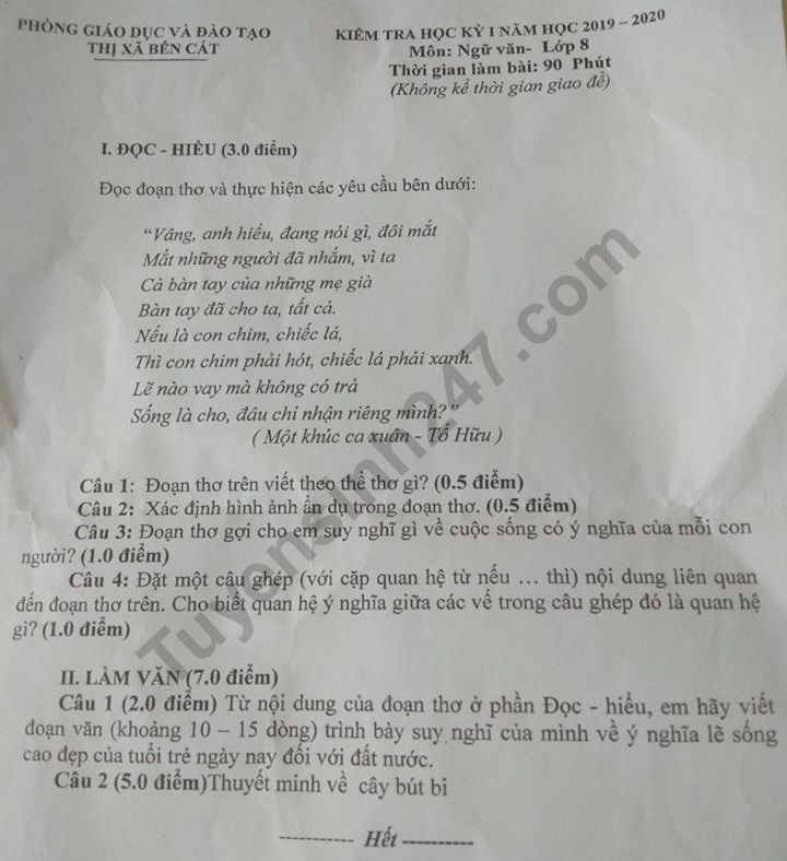 De thi ki 1 Van lop 8 Phong GD&DT Ben Cat nam 2019