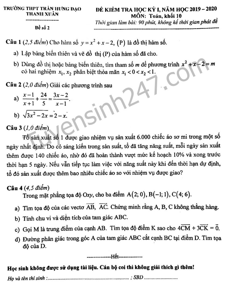De thi hoc ki 1 mon Toan lop 10 - THPT Tran Hung Dao 2019