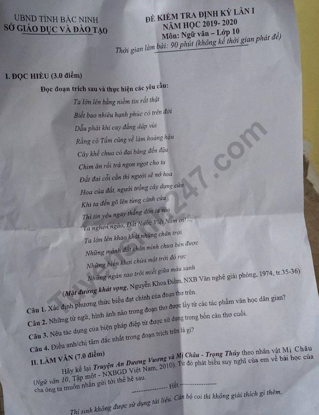 De thi ki 1 lop 10 mon Van 2019 - 2020 So GD Bac Ninh