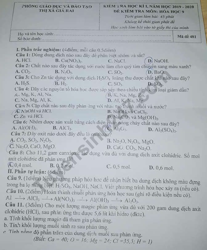 De thi ki 1 lop 9 mon Hoa 2019 - 2020 Gia Rai