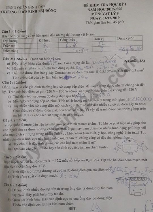 De thi ki 1 mon Ly lop 9 THCS Binh Tri Dong 2019 - 2020