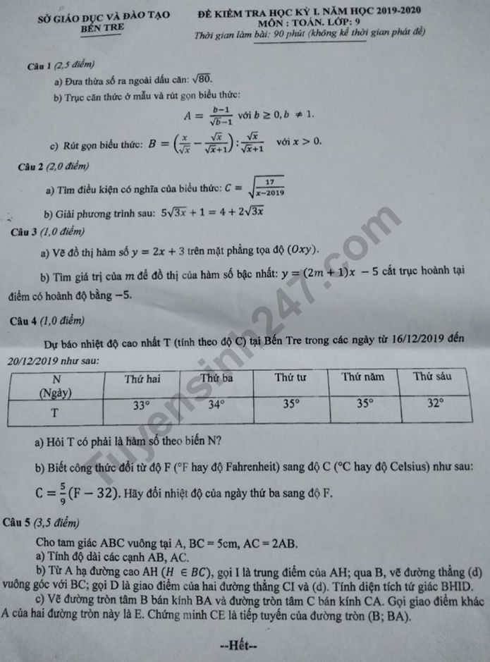 De thi ki 1 mon Toan lop 9 nam 2019 - 2020 So GD Ben Tre