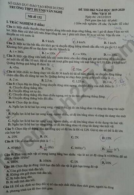 De thi hoc ki 1 Ly lop 10 THPT Huynh Van Nghe nam 2019