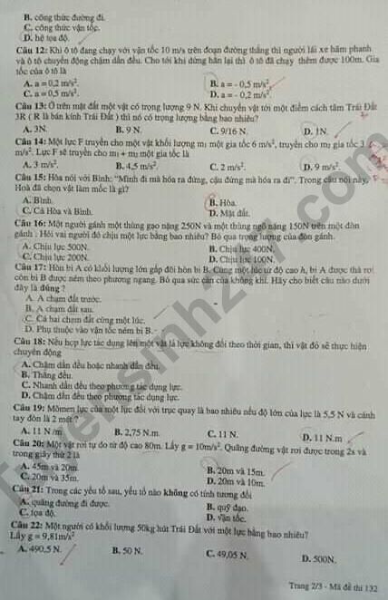 De thi hoc ki 1 Ly lop 10 THPT Huynh Van Nghe nam 2019