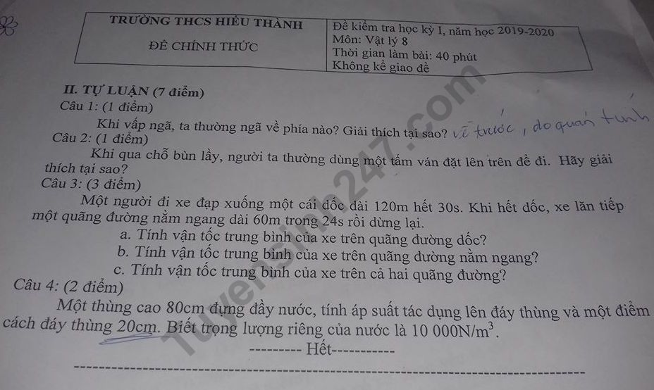 De thi mon Ly lop 8 ki 1 THCS Hieu Thanh nam 2019