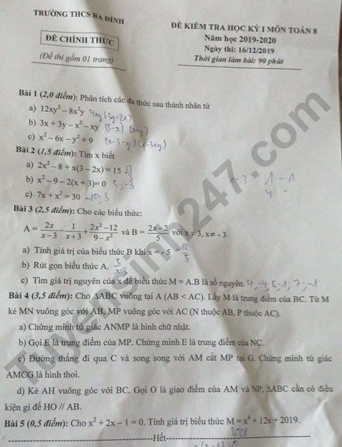 De thi hoc ki 1 mon Toan lop 8 - THCS Ba Dinh nam 2019