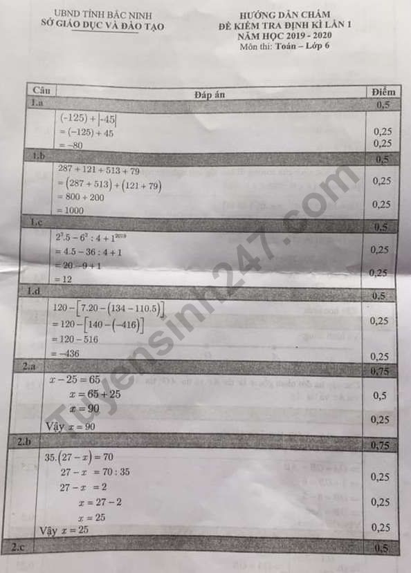 De ki 1 lop 6 mon Toan So GD Bac Ninh 2019 - 2020