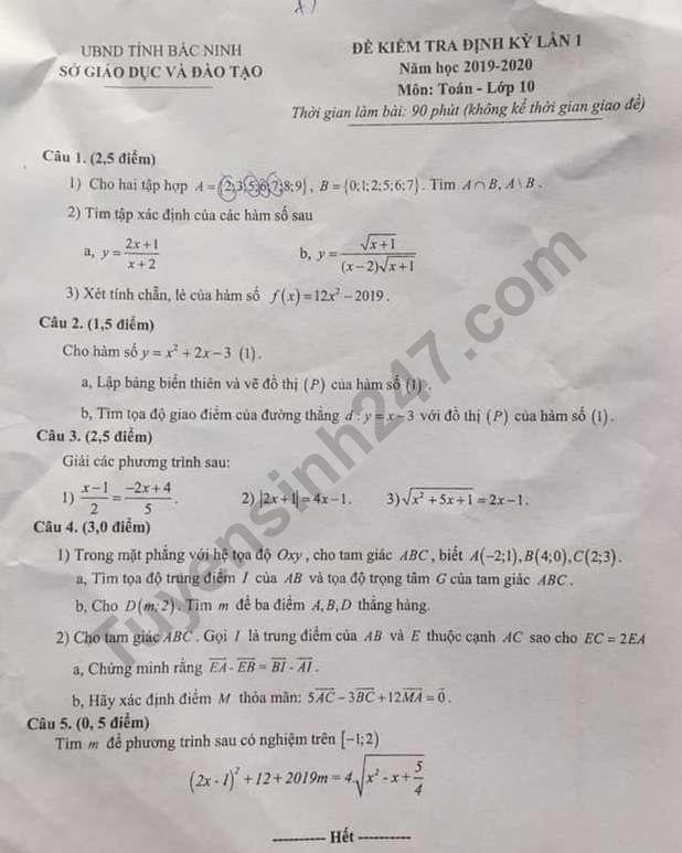 De thi ki 1 lop 10 mon Toan 2019 - 2020 So GD Bac Ninh