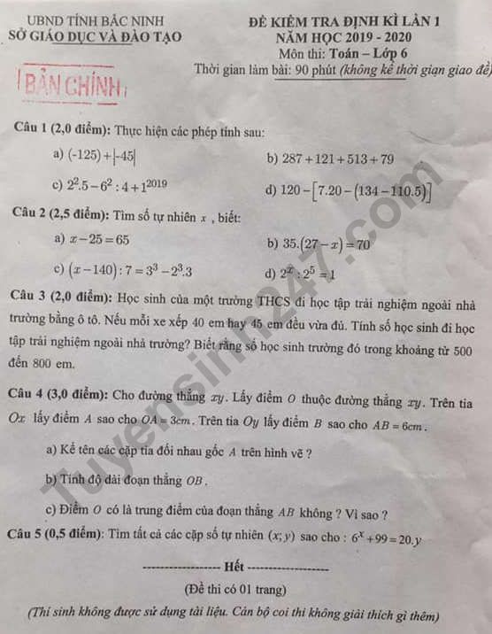 De ki 1 lop 6 mon Toan So GD Bac Ninh 2019 - 2020