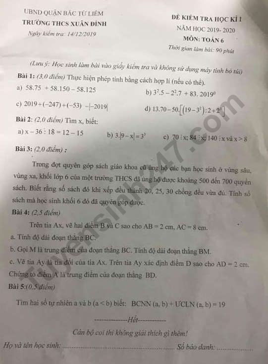 De thi ki 1 lop 6 mon Toan THCS Xuan Dinh 2019 - 2020