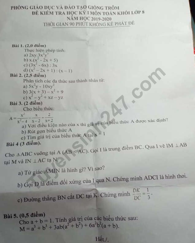 De thi ki 1 mon Toan lop 8 Phong GD Giong Trom 2019