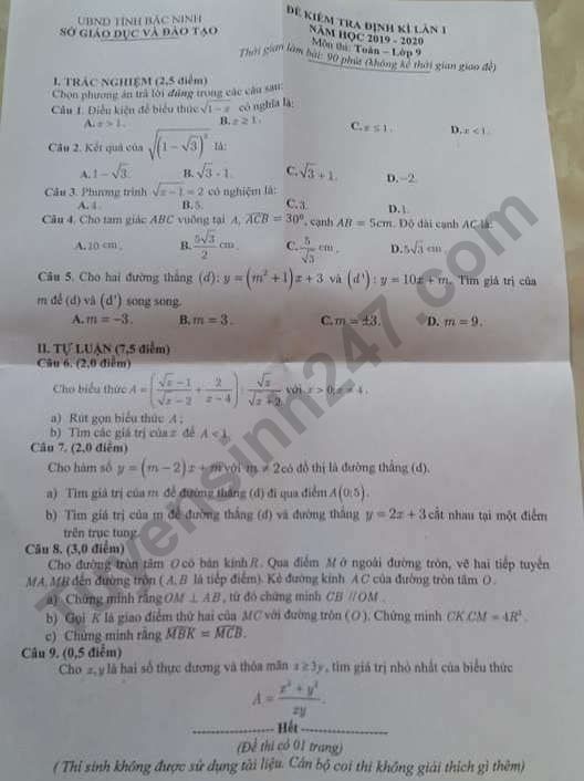 De thi ki 1 mon Toan lop 9 So GD Bac Ninh 2019 - 2020 co dap an