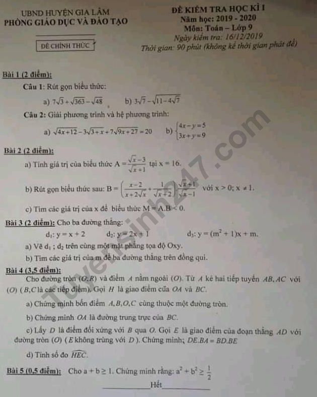 De thi ki 1 lop 9 mon Toan 2019 - 2020 huyen Gia Lam