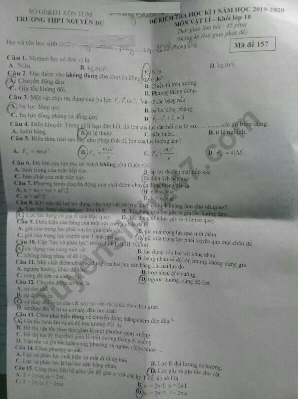 De thi ki 1 lop 10 mon Ly THPT Nguyen Du 2019 - 2020