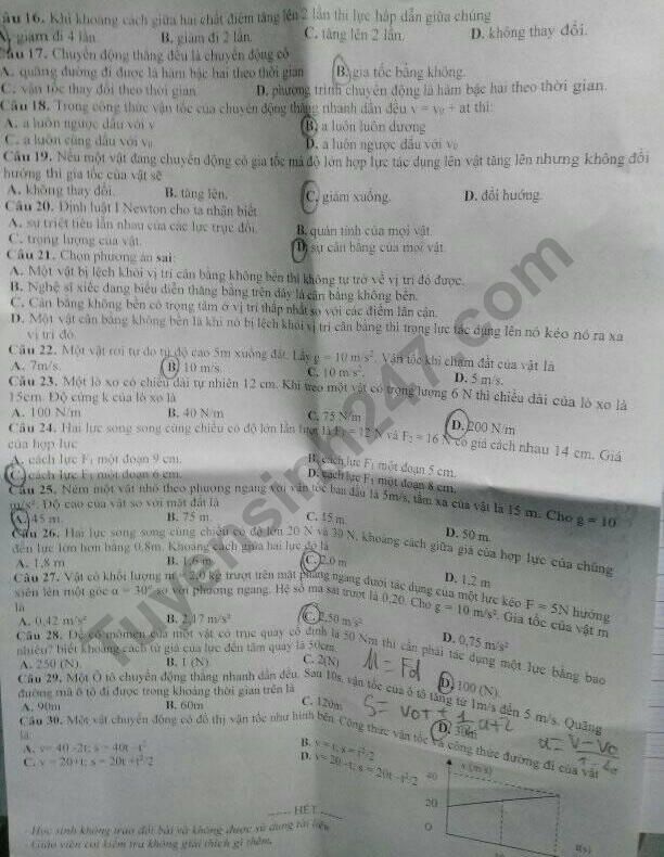De thi ki 1 lop 10 mon Ly THPT Nguyen Du 2019 - 2020