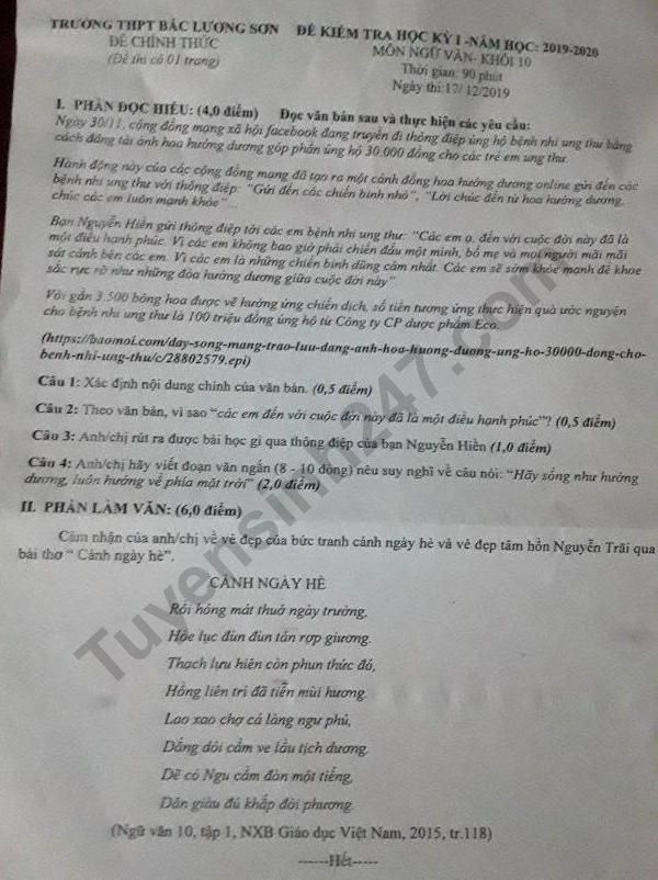 De thi ki 1 mon Van lop 10 THPT Bac Luong Son 2019 - 2020