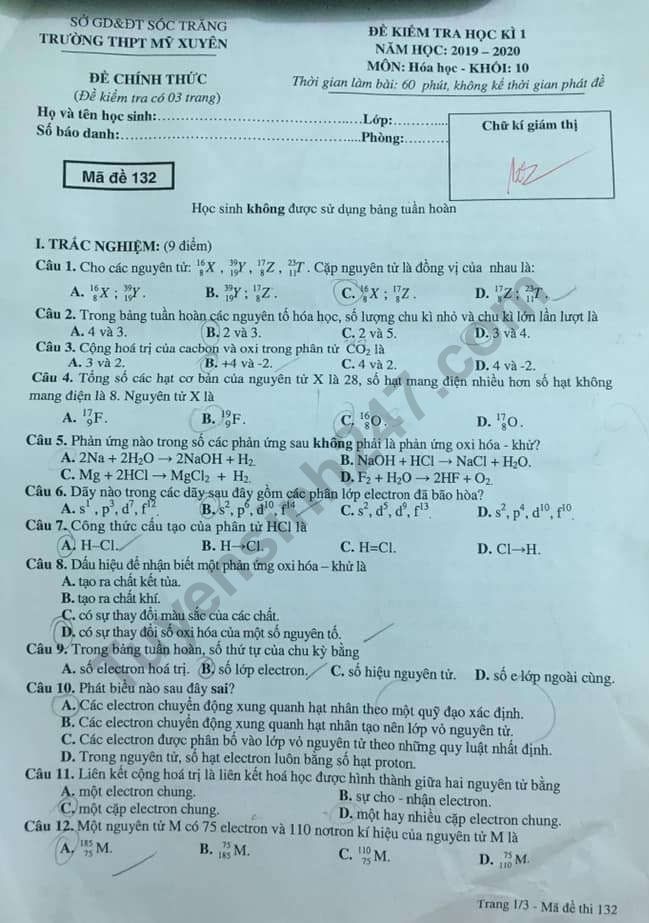 De kiem tra mon Hoa lop 10 ki 1 THPT My Xuyen nam 2019