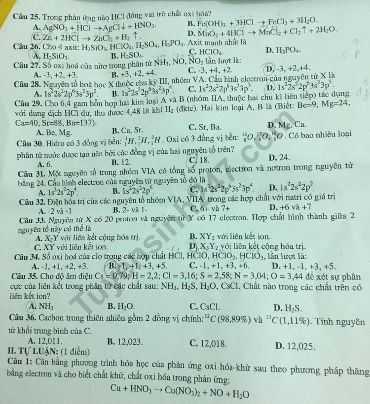 De kiem tra mon Hoa lop 10 ki 1 THPT My Xuyen nam 2019