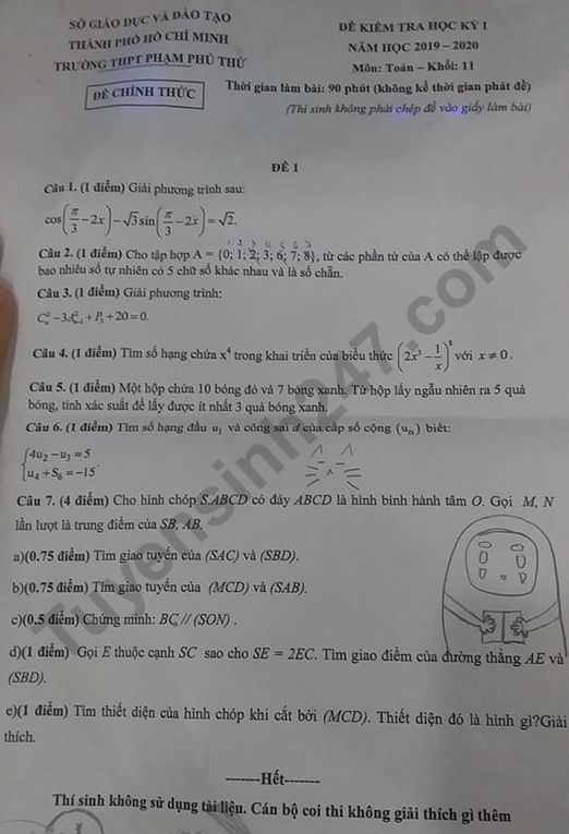 De thi ki 1 lop 11 mon Toan THPT Pham Phu Thu 2019