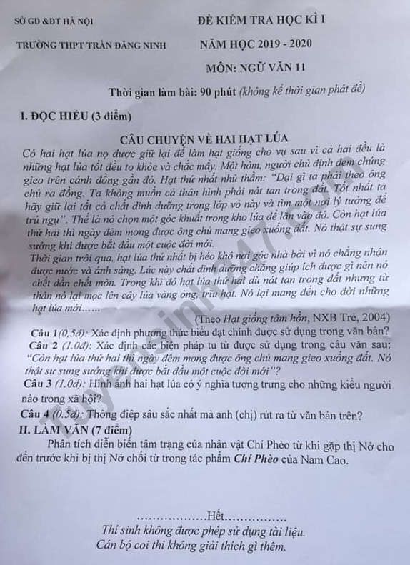De thi ki 1 mon Van lop 11 THPT Tran Dang Ninh 2019