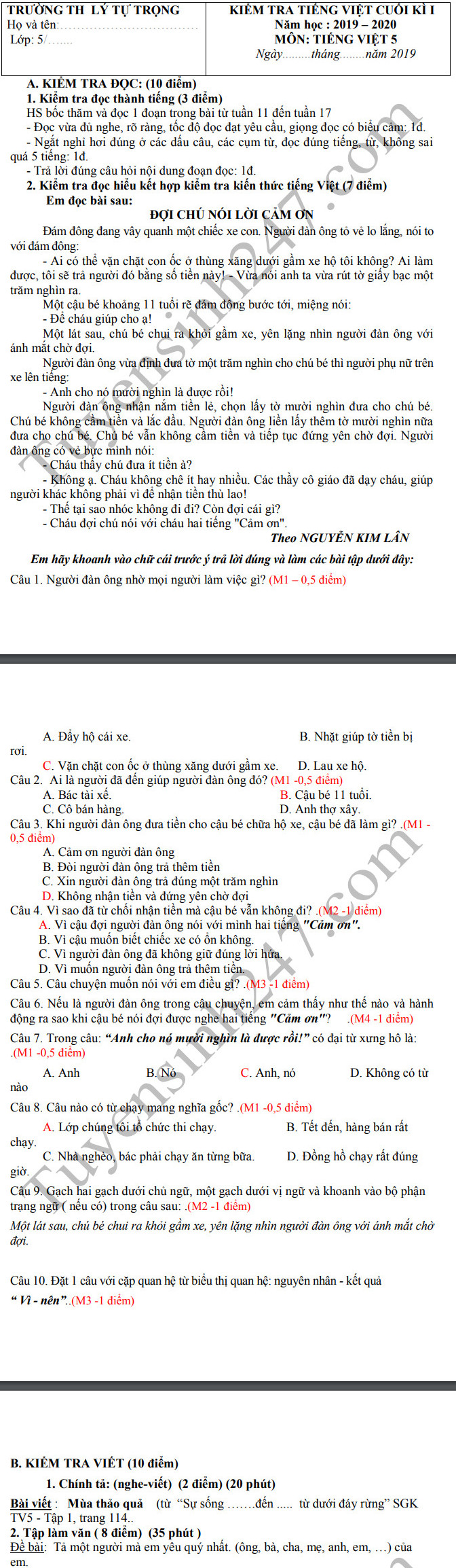 De thi ki 1 mon Tieng Viet lop 5 nam 2019 TH Ly Tu Trong