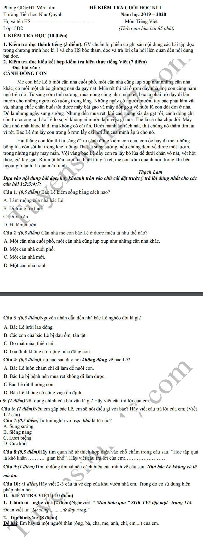 De thi ki 1 lop 5 mon Tieng Viet 2019 - 2020 TH Nhu Quynh