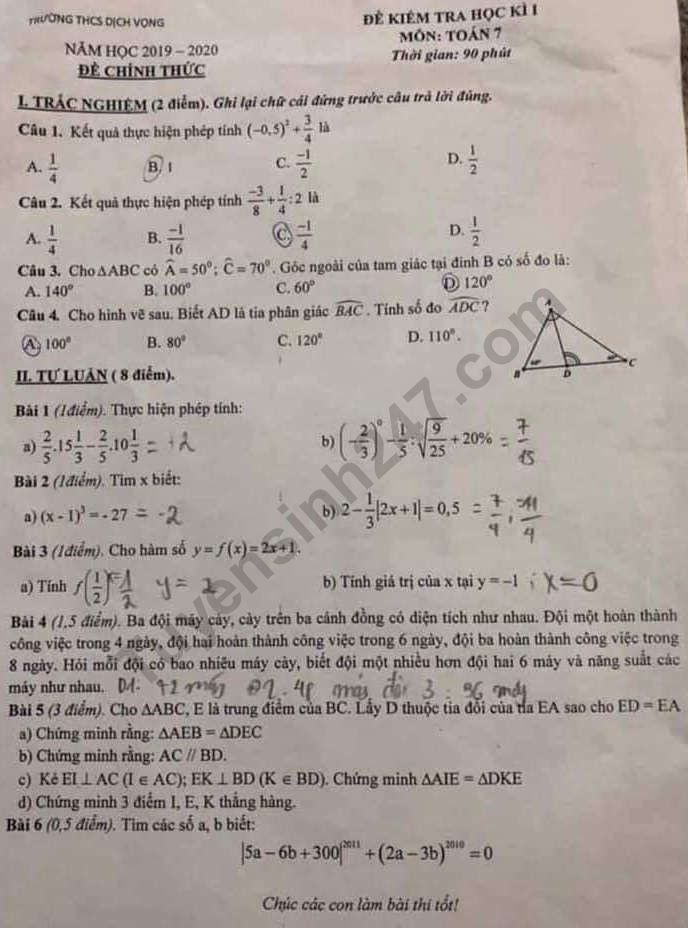 De thi ki 1 mon Toan lop 7 THCS Dich Vong 2019 - 2020
