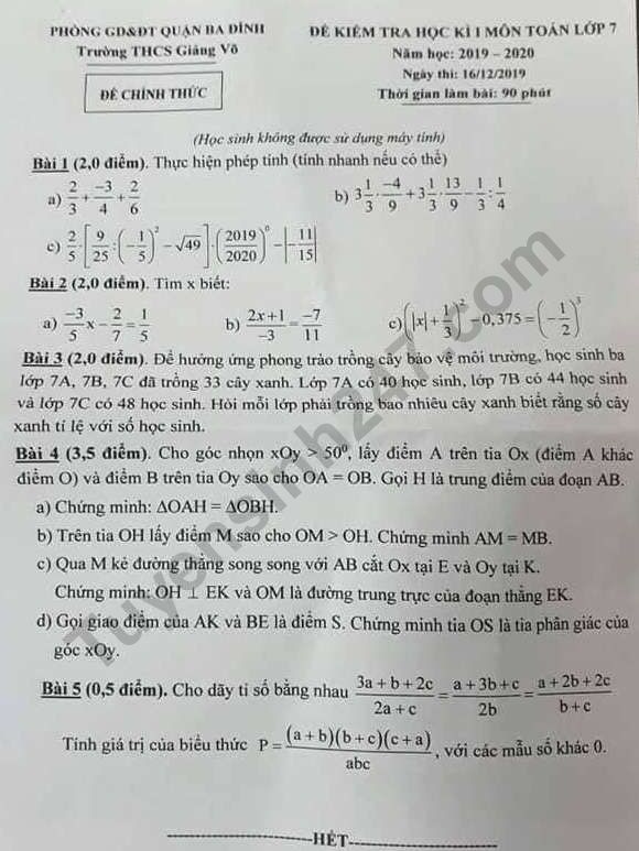 De thi ki 1 lop 7 mon Toan THCS Giang Vo 2019 - 2020