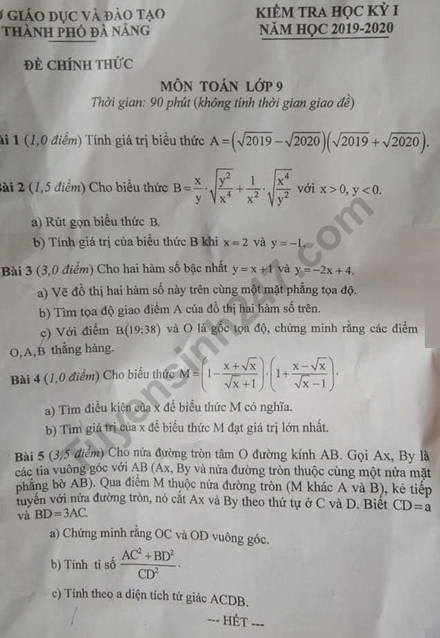 De thi ki 1 lop 9 mon Toan So GD Da Nang 2019 - 2020 co dap an