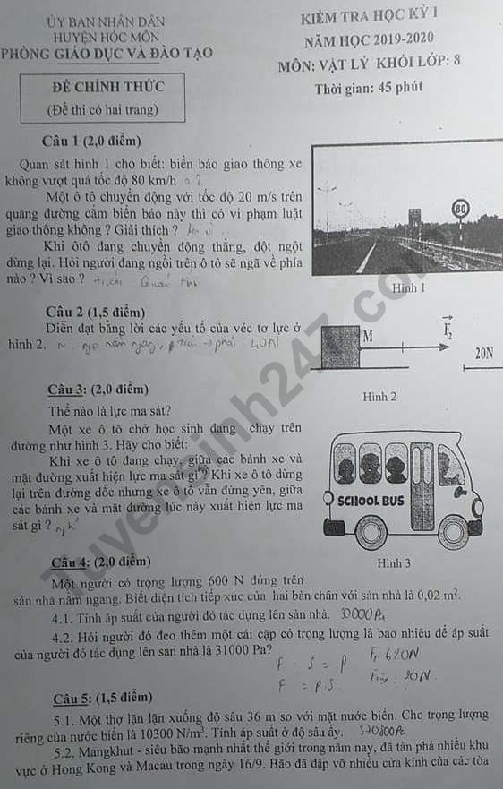 De thi ki 1 mon Ly lop 8 Phong GD&DT Hoc Mon nam 2019