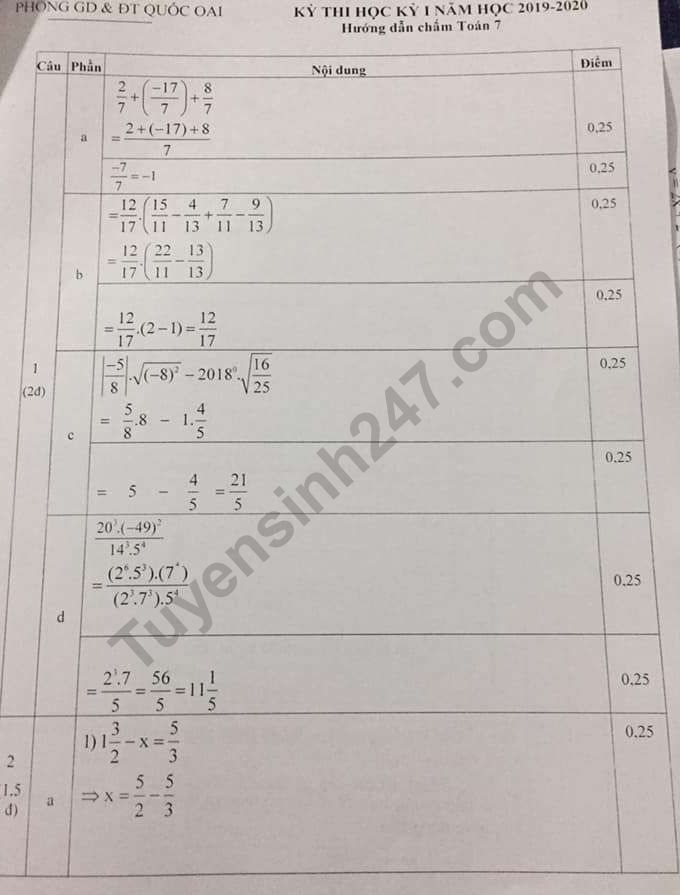 De thi ki 1 lop 7 mon Toan 2019 - 2020 Quoc Oai co dap an