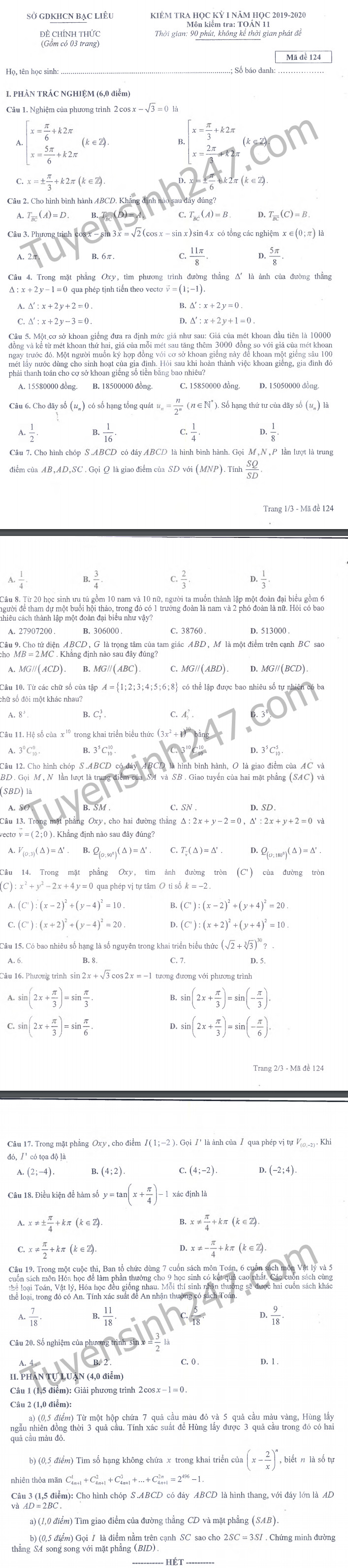 De thi ki 1 lop 11 mon Toan So GD Bac Lieu 2019 - 2020