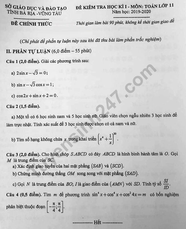 De thi ki 1 mon Toan lop 11 So GD Vung Tau 2019 - 2020