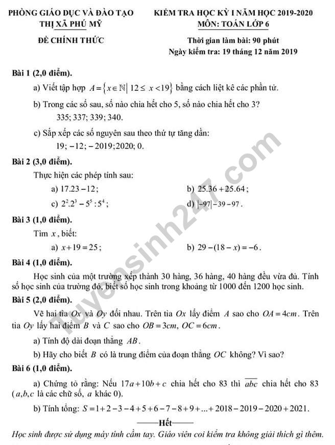 De thi ki 1 lop 6 mon Toan Phu My 2019 - 2020