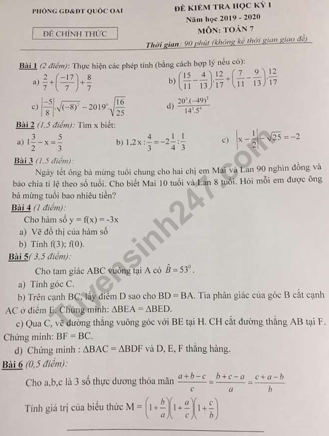 De thi ki 1 lop 7 mon Toan 2019 - 2020 Quoc Oai co dap an