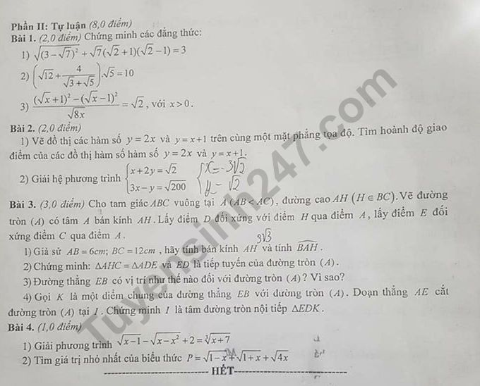 De thi hoc ki 1 lop 9 mon Toan 2019 - 2020 So GD Nam Dinh co dap an